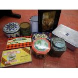 Parcel of vintage metal tins, enamel jug and a framed picture of a horse