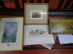 Parcel of paintings to include an oil on board - still life titled 'Plate of Fruits', indistinctly
