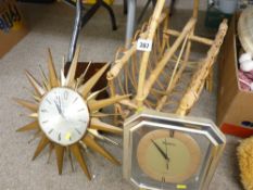 Bamboo magazine rack, naive footstool, wall clocks etc