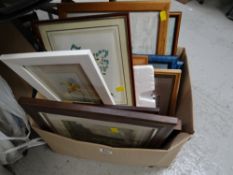 Box of various framed prints & pictures