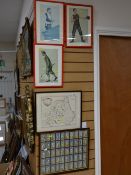 Three framed Spy sporting prints together with a framed set of cricket cigarette cards & map of