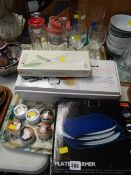Parcel of various drinking glasses, decanters, electric plate warmer, kitchen aids etc E/T