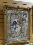 Framed antique tapestry of a narrative with female looking out of window at a male