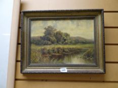 OCTAVIUS T CLARK oil on canvas - landscape with river entitled verso 'View in Dorking', signed