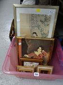 Box of framed & unframed prints including Japanese silk prints