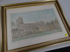 A framed pen & colourwash drawing of Westminster Abbey & the Dean's yard by A TURNER dated 1975