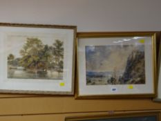 Framed watercolour of a mountain side castle together with a framed watercolour of a river scene