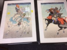 Two Japanese woodblock prints of Japanese warriors on horseback