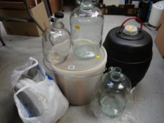 A parcel of home brew equipment, plastic barrel, demijohns etc