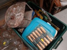 Crate of various tools including a Hilti rivet gun & accessories, soldering iron, plaster mixer,