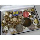 Small box of yellow metal, coins, badges etc