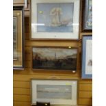Framed watercolour of a sailing boat together with oil on canvas of a harbour scene, signed D J