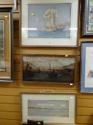Framed watercolour of a sailing boat together with oil on canvas of a harbour scene, signed D J