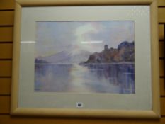 GAYE LLOYD watercolour - tranquil lake with tower, signed