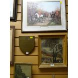 A framed oil on board together with a framed hunting scene & another