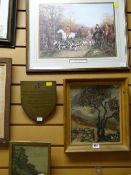 A framed oil on board together with a framed hunting scene & another