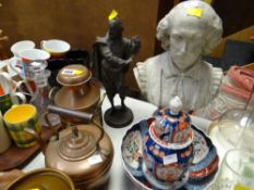 Bust of Shakespeare, spelter figure, miniature copper urn & teapot, Imari lidded jar & bowl