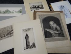 A parcel of unframed & some mounted pencil drawings & etchings