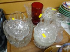 A tray of various mainly pressed glass items including vases bowls etc