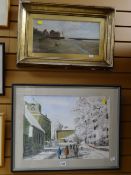 Framed watercolour of a winter street scene signed A BLAND together with an early twentieth