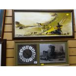Framed oil on board of beached sailing boat together with a combined framed clock & engraving of