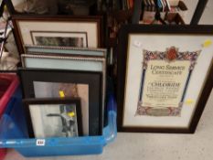 Box of framed & unframed prints including an unusual framed Chloride Electrical Storage Company