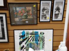 Framed watercolour - still life of flowers by HAUGE MAGEE Japanese prints & a framed abstract in