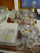 Two trays of various good quality drinking glasses & decanter