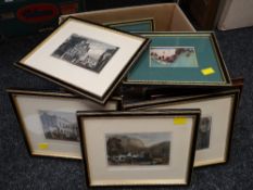 Collection of various framed coloured etchings & framed silks including Freemasons Hall, Plymouth,