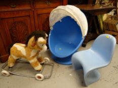 A collection of child's equipment including high chair, soft toy horse rocker & two chairs