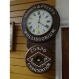 A good saddlery advertising drop-dial circular wall clock for Vanner & Prest's (leather compound)