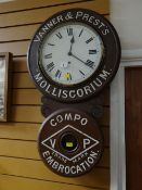 A good saddlery advertising drop-dial circular wall clock for Vanner & Prest's (leather compound)