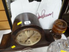 A vintage oak mantel clock (in working order) together with a treen urn & stamped box