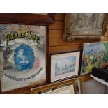 A reproduction framed Pears advertising soap mirror, framed watercolour & semi-abstract oil on board