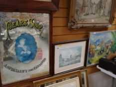 A reproduction framed Pears advertising soap mirror, framed watercolour & semi-abstract oil on board