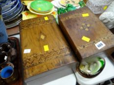 Two marquetry decorated wooden boxes, one containing various playing cards