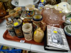 Collection of various steins, tankards, vintage amber glass fruit set