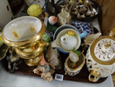A tray of various mixed china & ornaments including a lustre teaset & urn, Liliput Lane cottages
