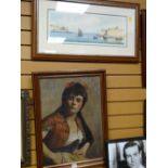 Framed oil on canvas of a gypsy woman together with a framed print of the harbour at Senglea, Malta,