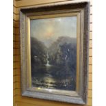 An early twentieth century framed oil on canvas of a waterfall