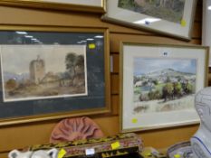 Framed watercolour of Pentyrch from Creigiau Park, local artist signature indistinguishable together