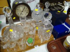 Tray of various cut glass including ship's decanter & others, boxed rose bowl, drinking glasses etc