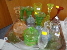 A tray of various coloured glass items including dressing table sets etc