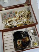 Jewellery box & costume jewellery contents, earrings, beads etc