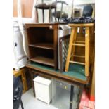 Parcel of furniture to include a vintage oak & green leather topped desk, open cabinet, clothes