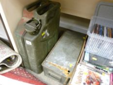 Vintage metal ammo box and a jerry can