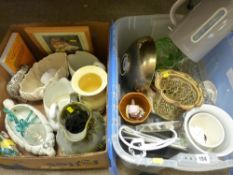 Crate and box of pottery and glassware jugs and planters etc
