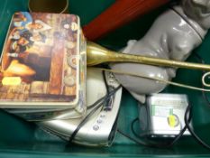 Two portable radios, rhino biscuit jar and cover, collectable metalware etc