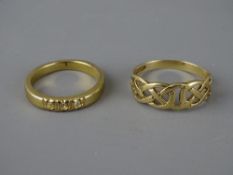 Nine carat gold Celtic ring, 2.6 grms and an unmarked, believed gold, band with three cz stones, 3.3