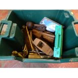 Tub of block planes, spirit level, hand tools etc